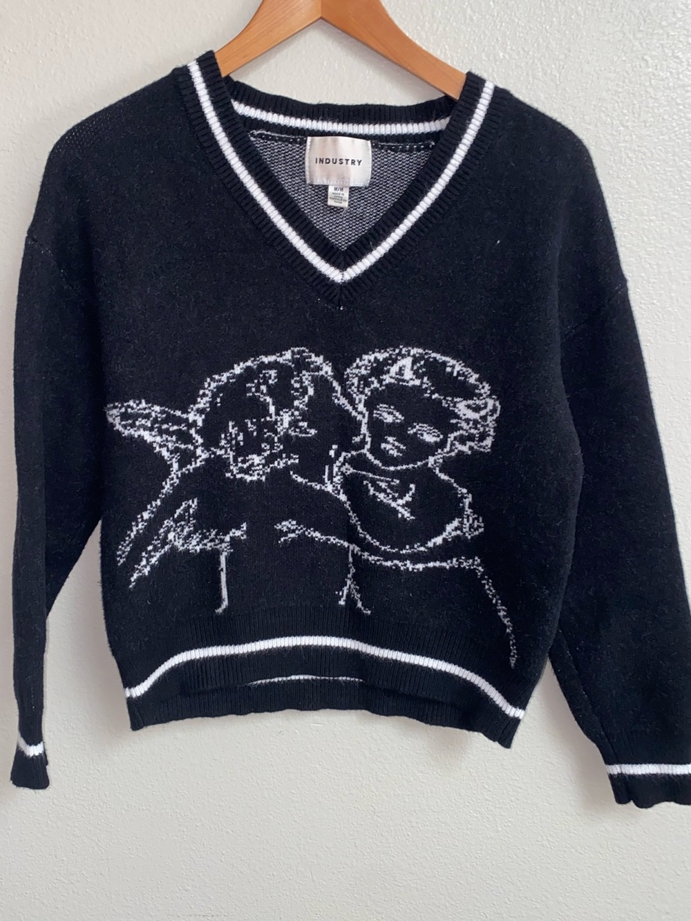 Industry Republic Black V-Neck Knit Sweater Angel Cherub Graphic Medium